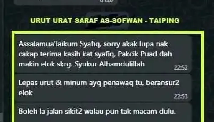 Terapi Urutan Stroke - Taiping - Kampung Batu Teguh